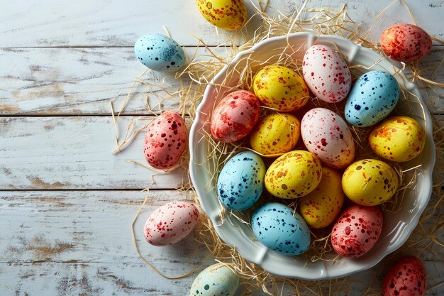 Foto huevos de pascua multicolores en un plato en una mesa blanca