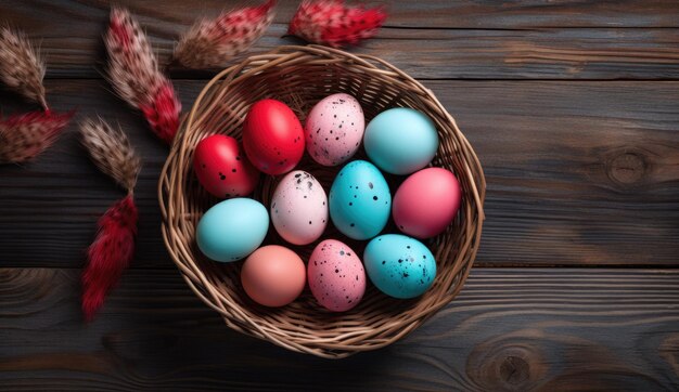 Huevos de Pascua multicolores con plumas rojas de fondo