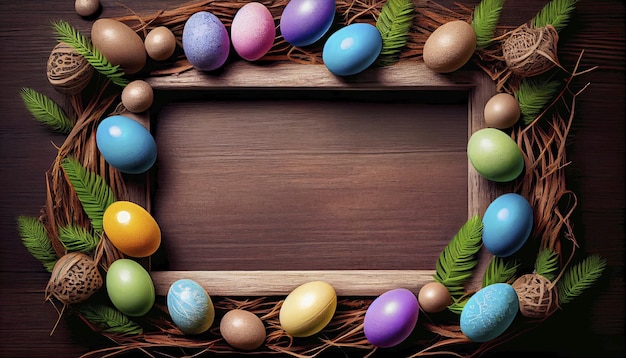 Huevos de Pascua multicolores sobre hierba seca y espacio de ramas para AI generado por texto