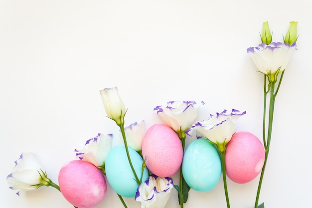 Huevos de Pascua y narcisos de flores de primavera en blanco