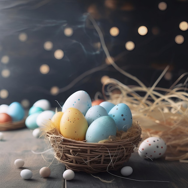 Huevos de Pascua en un nido con bolas doradas y puntos blancos y azules.