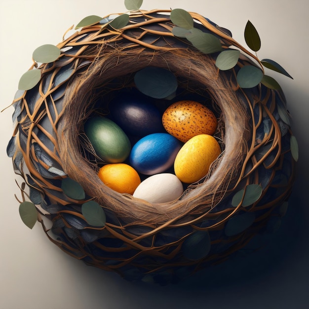 Huevos de Pascua en el nido de diferentes colores