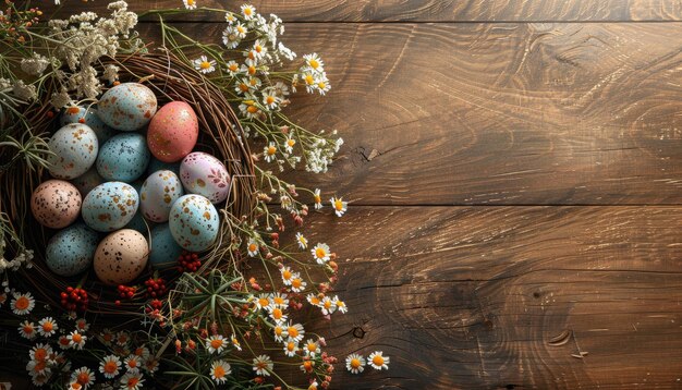 Foto huevos de pascua en un nido en un espacio de copia de fondo de madera