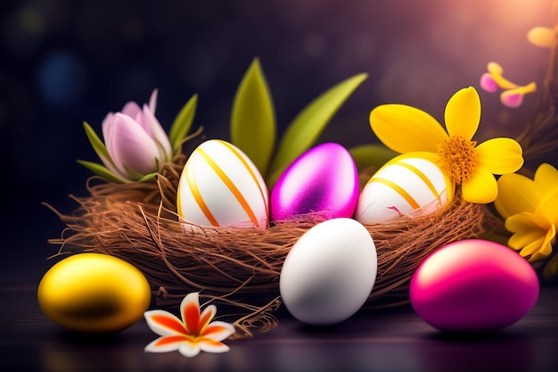 Huevos de pascua en un nido con una flor en el fondo oscuro