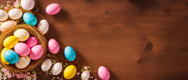 Huevos de Pascua en el nido con flor sobre fondo de madera oscura IA generativa