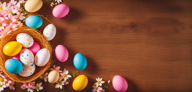 Huevos de Pascua en el nido con flor sobre fondo de madera oscura IA generativa