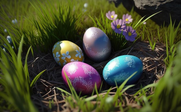 Huevos de pascua en un nido con flores en la hierba