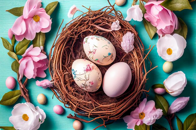 Huevos de pascua en un nido con flores IA generativa IA generativa