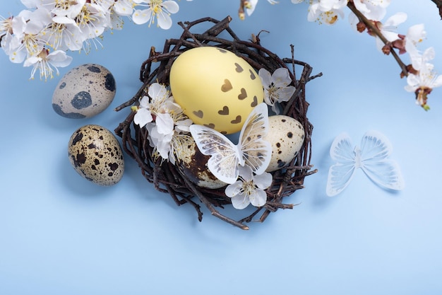 Huevos de Pascua en el nido con flores y mariposas sobre fondo azul.