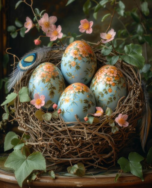 Huevos de Pascua en el nido con flores y pavos reales