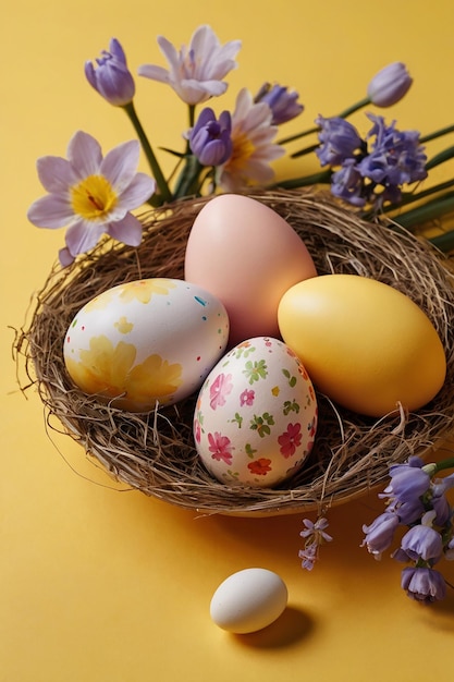Huevos de Pascua en un nido con flores de primavera en un fondo amarillo