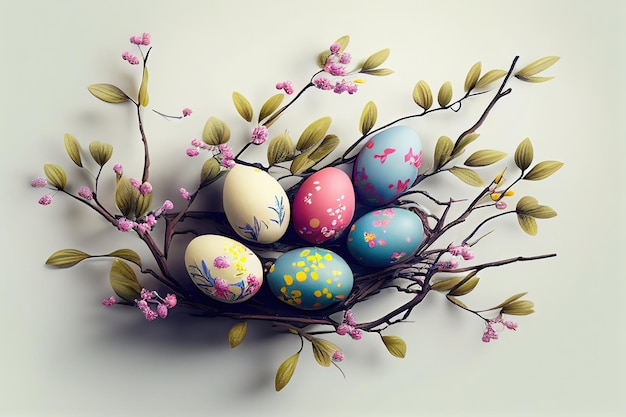 Huevos de Pascua en un nido con flores de primavera y hojas sobre fondo blanco.