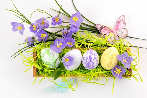 Huevos de Pascua en el nido y flores de primavera sobre un fondo blanco.