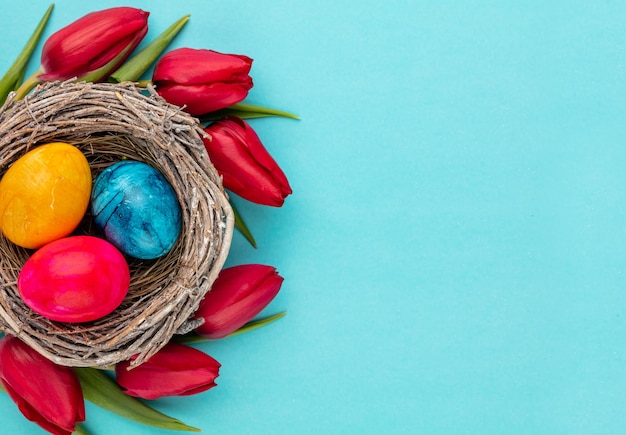 Foto huevos de pascua en el nido flores de primavera tulipanestarjeta de felicitación de primavera