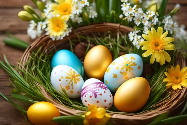 Huevos de Pascua en un nido con flores.