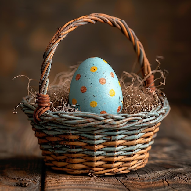 Huevos de Pascua de nido de madera en una canasta rústica