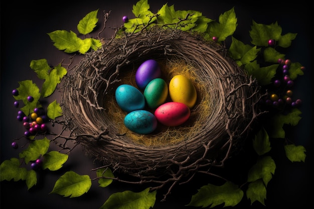 Huevos de Pascua en un nido natural con huevos de pájaro sobre un fondo negro Vista desde arriba e ilustración horizontal IA generativa