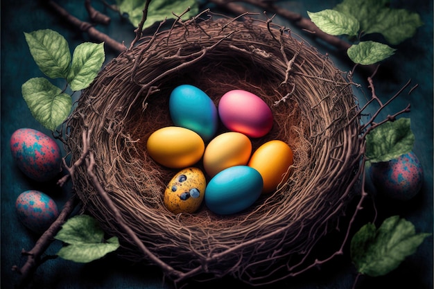 Huevos de Pascua en un nido natural con huevos de pájaro sobre un fondo negro Vista desde arriba e ilustración horizontal IA generativa