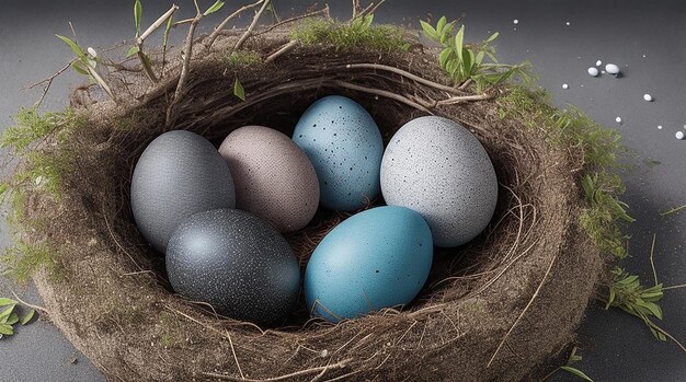 Huevos de Pascua en un nido natural con huevos de pájaro sobre un fondo negro vista desde arriba y horizontal