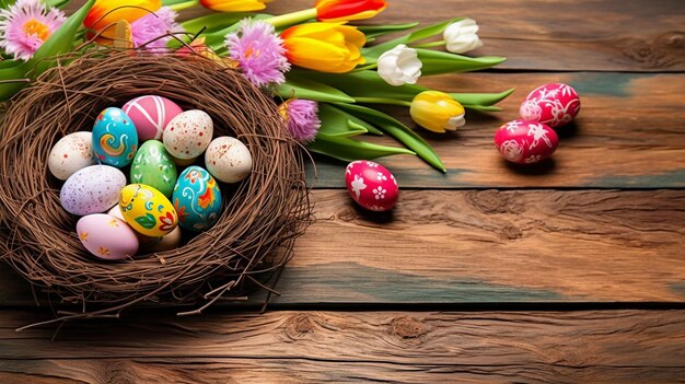 Huevos de pascua en el nido de pájaro y flores en el piso de madera Concepto de feliz día de pascua