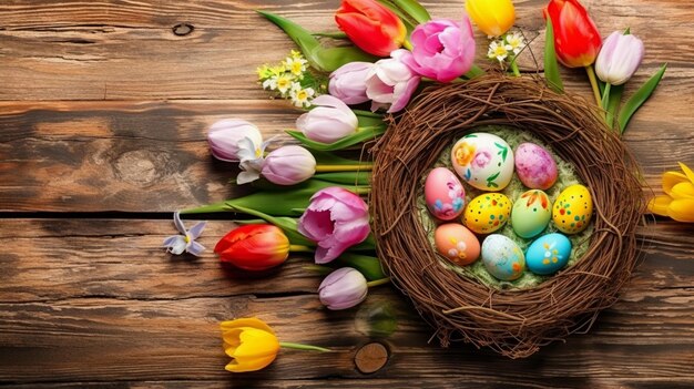 Huevos de pascua en el nido de pájaro y flores en el piso de madera Concepto de feliz día de pascua