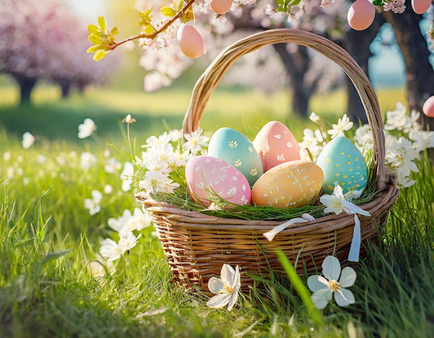 Huevos de Pascua en el nido de los pájaros y flores en el suelo leñoso Concepto de feliz día de Pascua