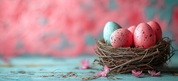 Huevos de Pascua en un nido en una pared rosada Fondo de primer plano extremo IA generativa