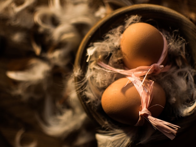 Huevos de Pascua en el nido de plumas.