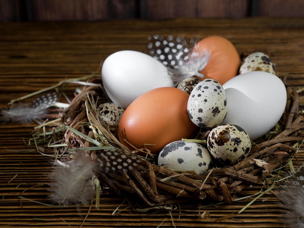 Huevos de Pascua en un nido sobre un fondo de madera Saludo Tarjeta de Pascua Huevos de pollo y codorniz
