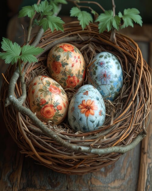 Huevos de Pascua en el nido sobre fondo de madera