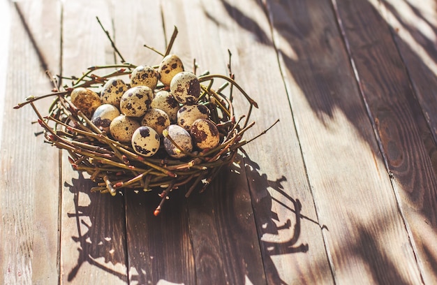 Huevos de Pascua en un nido sobre un fondo marrón de madera concepto mínimo de espacio de copia de vista superior de Pascua