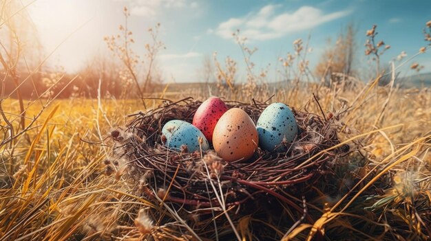 Huevos de pascua en un nido con el sol detrás de ellos