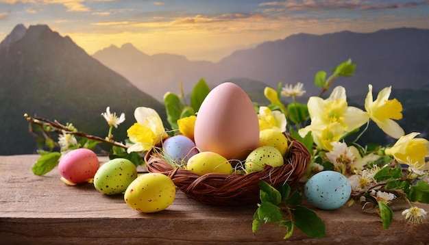 huevos de Pascua en un nido con un telón de fondo de montaña