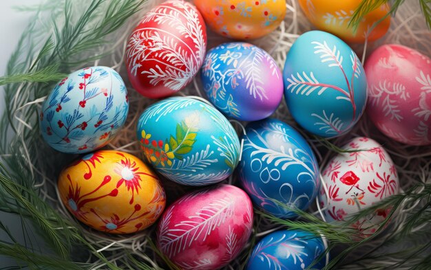 Huevos de Pascua, nidos y flores de fondo