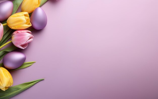 Huevos de Pascua en los nidos y fondo de flores de primavera con Copy Space