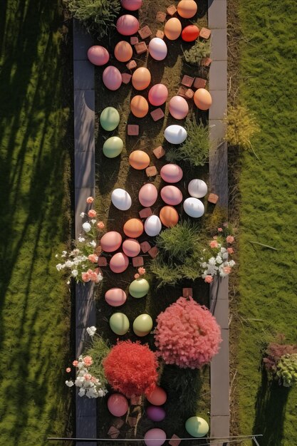 Huevos de Pascua ocultos entre las flores de primavera en un jardín soleado