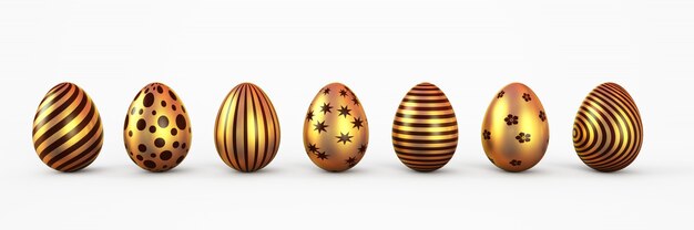 Huevos de Pascua del oro con el conjunto del patten aislado. Ilustración de renderizado 3D.