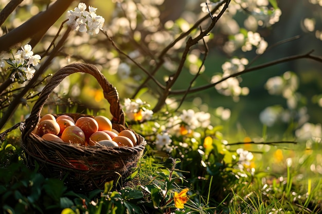 Huevos de Pascua de Pascua en una canasta en el bosque bajo un árbol en flor