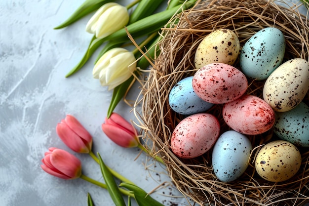 Huevos de Pascua de Pascua en un nido de mimbre con flores de primavera tulipanes en un fondo claro vista superior