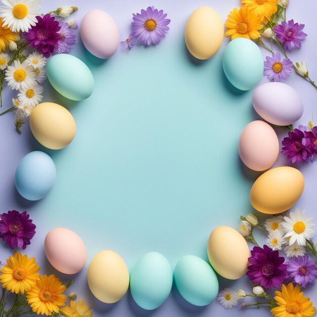 Huevos de Pascua pastel con flores silvestres en un fondo de color pastel