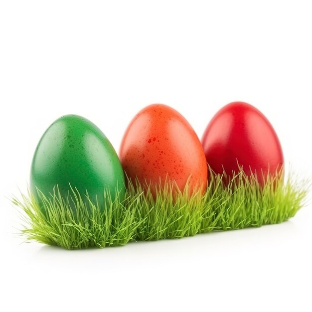 Huevos de Pascua en pasto verde aislado sobre fondo blanco generar ai