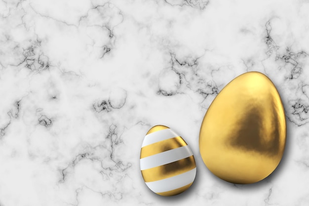 Huevos de pascua de patrón dorado sobre un fondo de mármol 3D Rendering