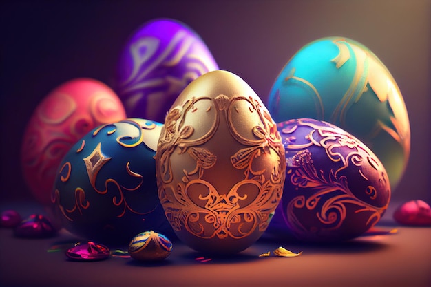 Huevos de Pascua con patrón dorado.