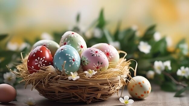 Huevos de Pascua con un patrón de margaritas en un nido de pájaro de mimbre en primer plano sobre un fondo de flores