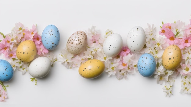 Huevos de Pascua y pequeñas flores en fondo blanco borde floral en fondo aislado pastel