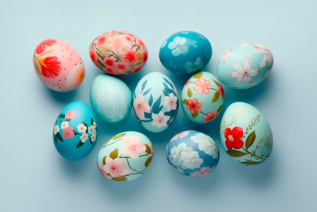 huevos de Pascua pintados aislados en un fondo azul vista superior