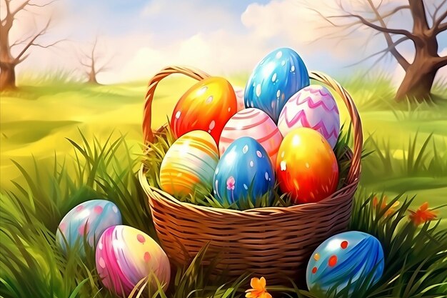 Foto huevos de pascua pintados en una canasta en un campo de hierba colores brillantes ilustración digital estilo realista ar 32 estilo crudo v 52 id de trabajo b9d559de66494573a420b0a2b5be62c0