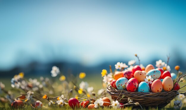 Huevos de Pascua pintados de colores en la canasta en la hierba verde fresca en el cielo azul de primavera y colorido