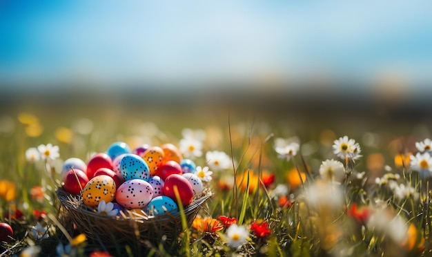 Huevos de Pascua pintados de colores en la canasta en la hierba verde fresca en el cielo azul de primavera y colorido