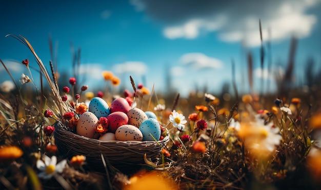 Huevos de Pascua pintados de colores en la canasta en la hierba verde fresca en el cielo azul de primavera y colorido